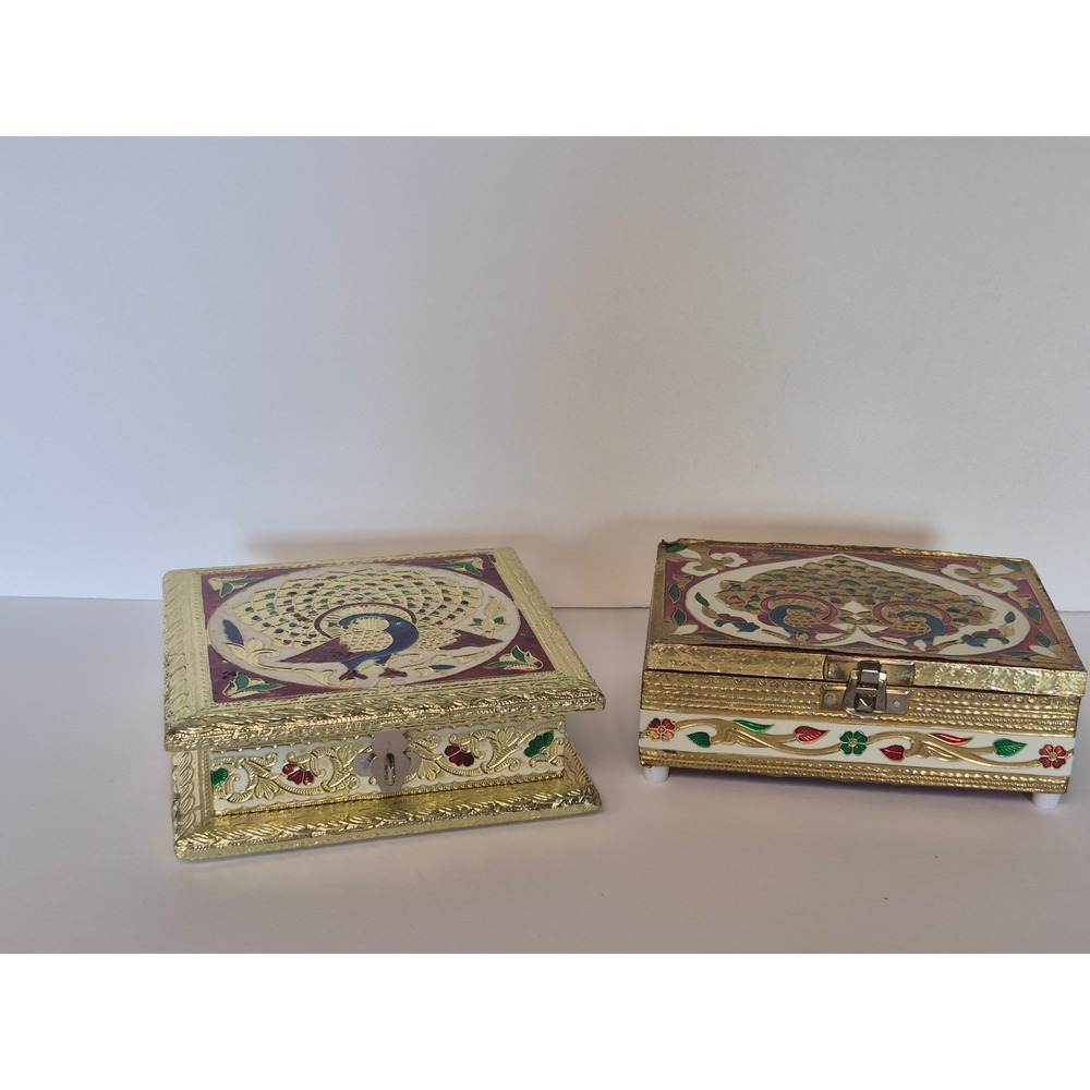 Vintage Indian Meenakari Peacock 2 Pc Keepsake Jewelry Casket Box Set Gold Gift
